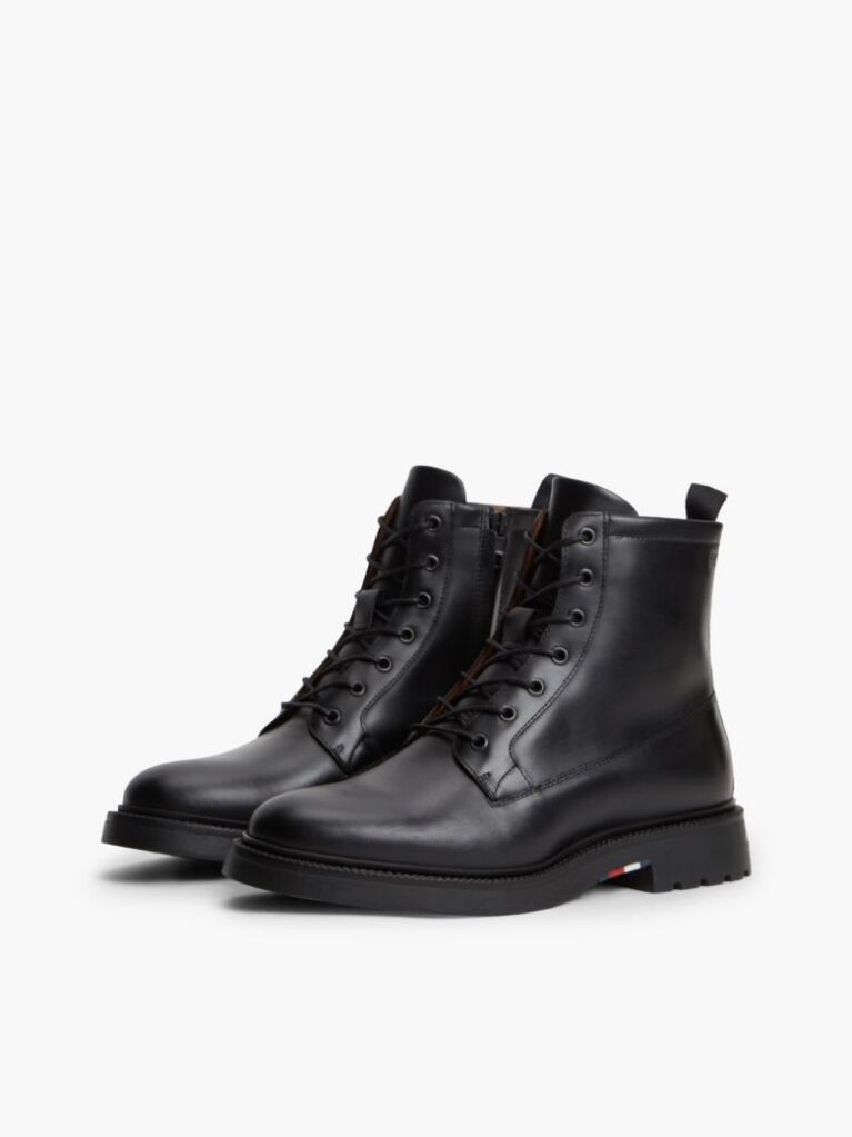 Black Leather Cleat Zip-Up Mid Boots  Men
