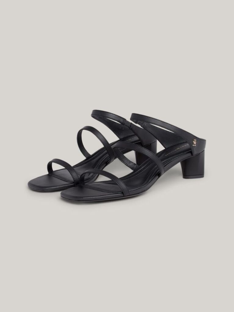 Black Leather Mid-Heel Strap Sandals  Women