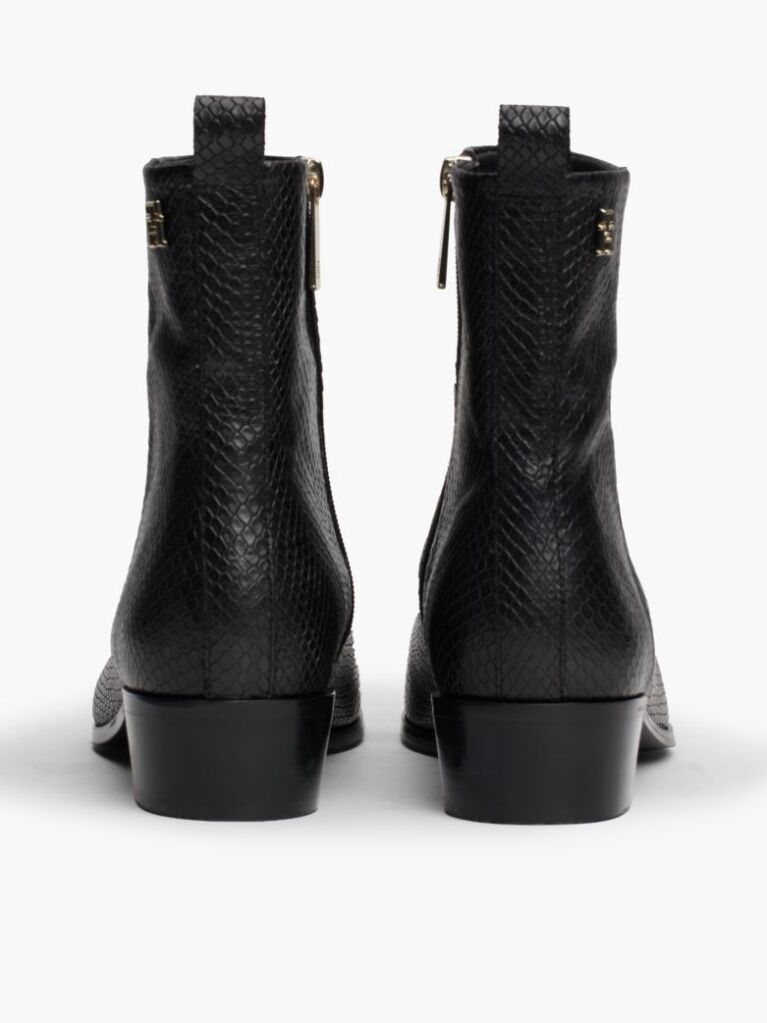 Black Snake Embossed Leather Ankle Cowboy Boots  Women