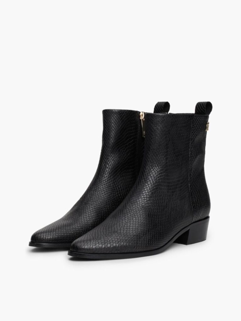 Black Snake Embossed Leather Ankle Cowboy Boots  Women