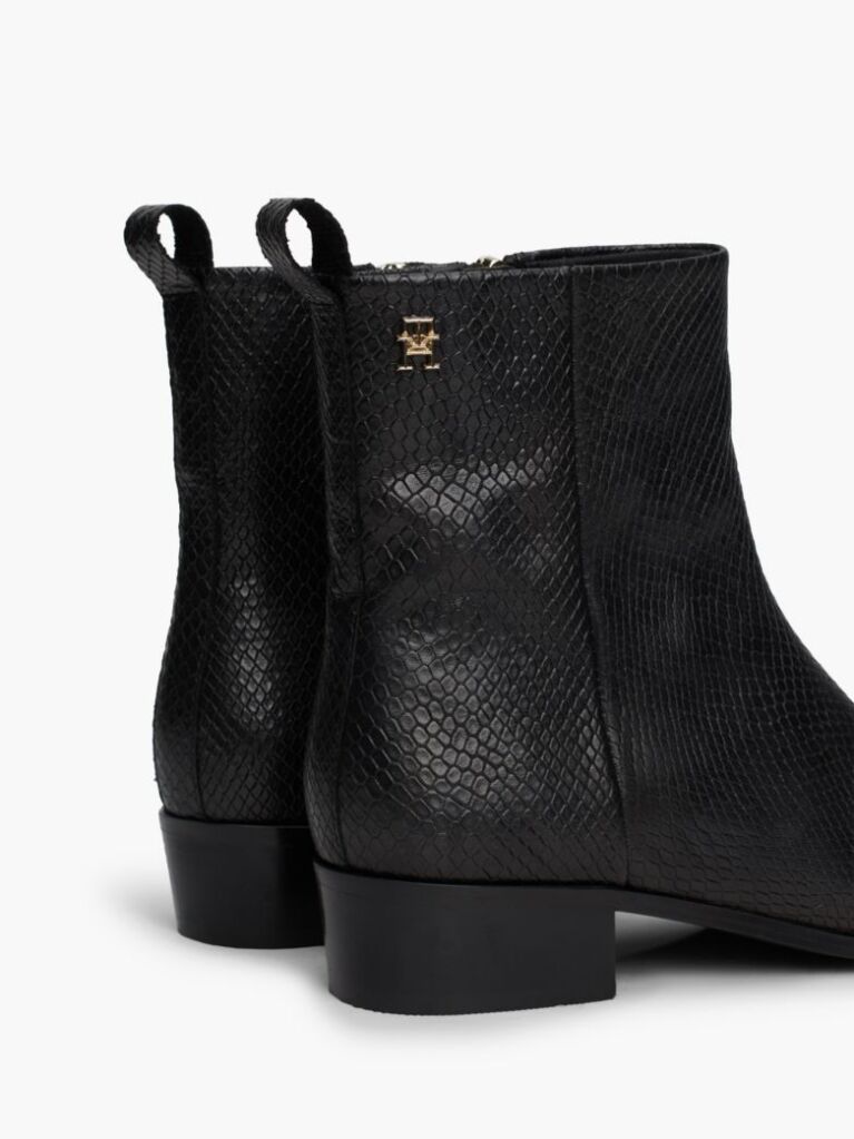 Black Snake Embossed Leather Ankle Cowboy Boots  Women