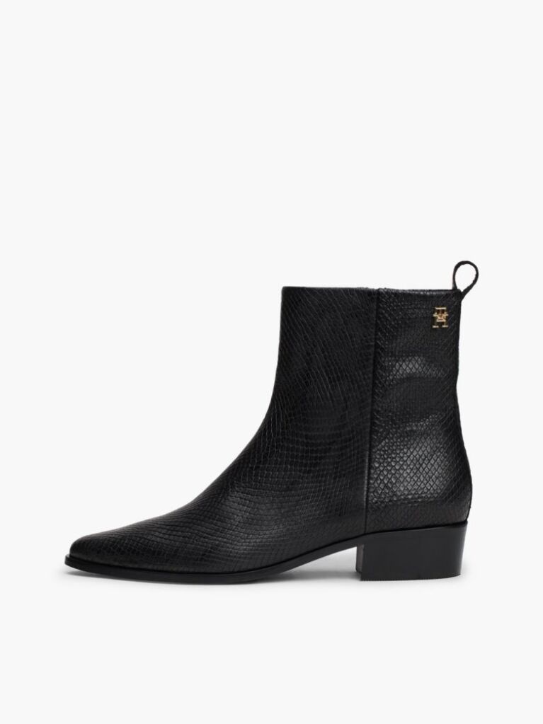 Black Snake Embossed Leather Ankle Cowboy Boots  Women