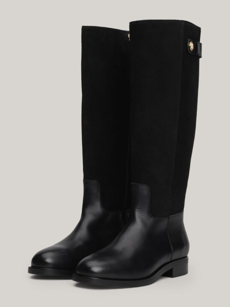 Black Leather Mixed Texture Knee-High Boots  Women