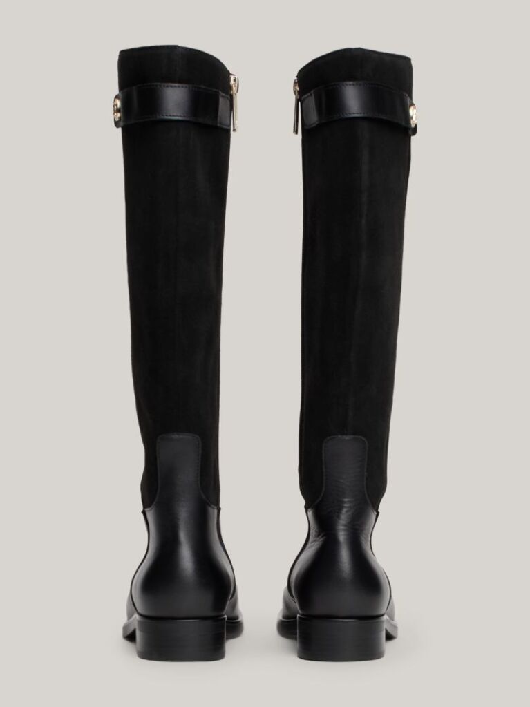 Black Leather Mixed Texture Knee-High Boots  Women