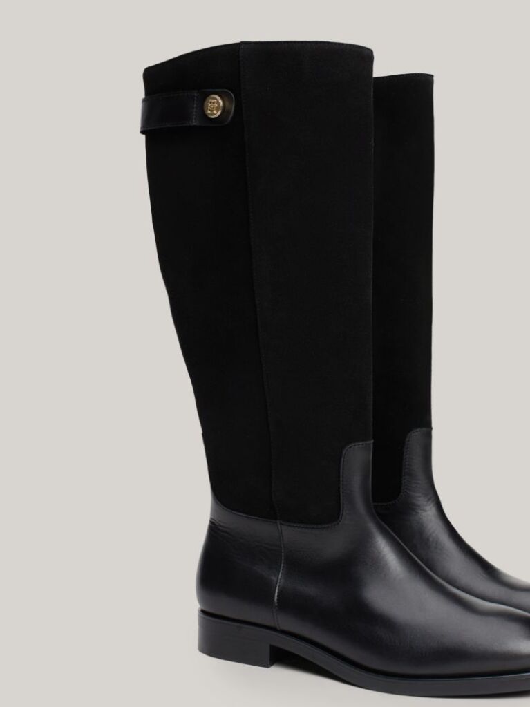 Black Leather Mixed Texture Knee-High Boots  Women