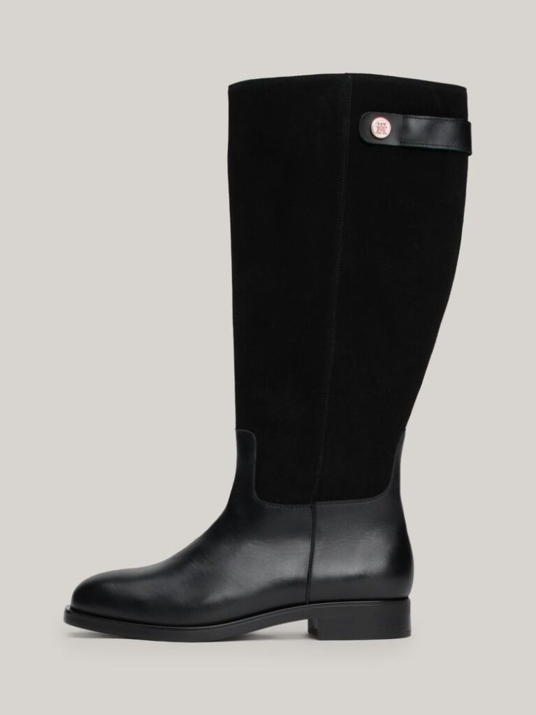 Black Leather Mixed Texture Knee-High Boots  Women