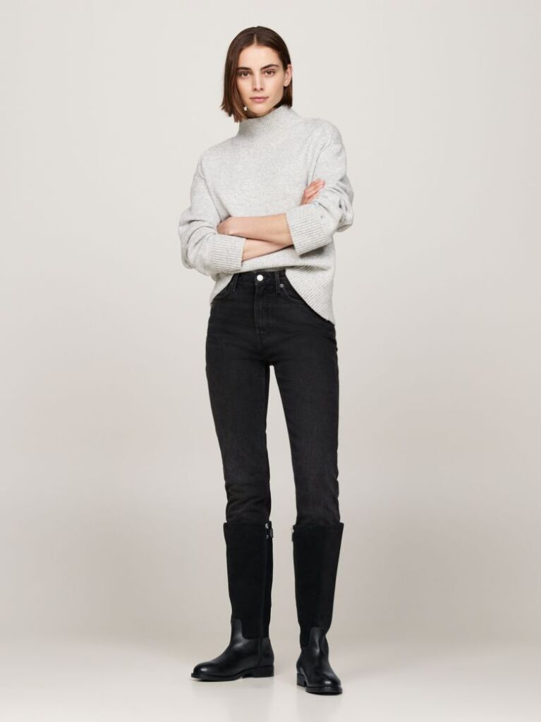 Black Leather Mixed Texture Knee-High Boots  Women