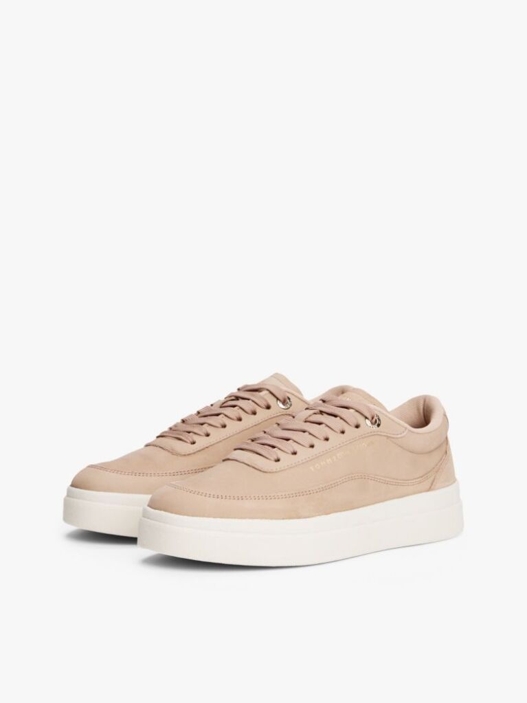 Beige Leather Metallic Logo Court Trainers  Women