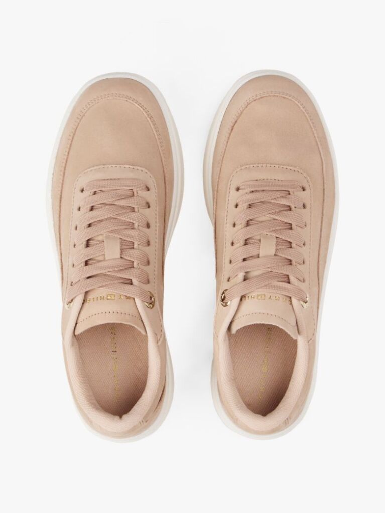 Beige Leather Metallic Logo Court Trainers  Women