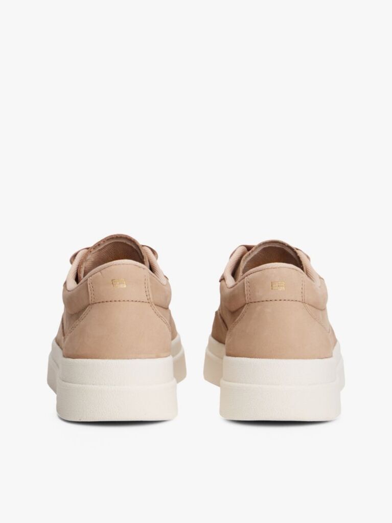 Beige Leather Metallic Logo Court Trainers  Women