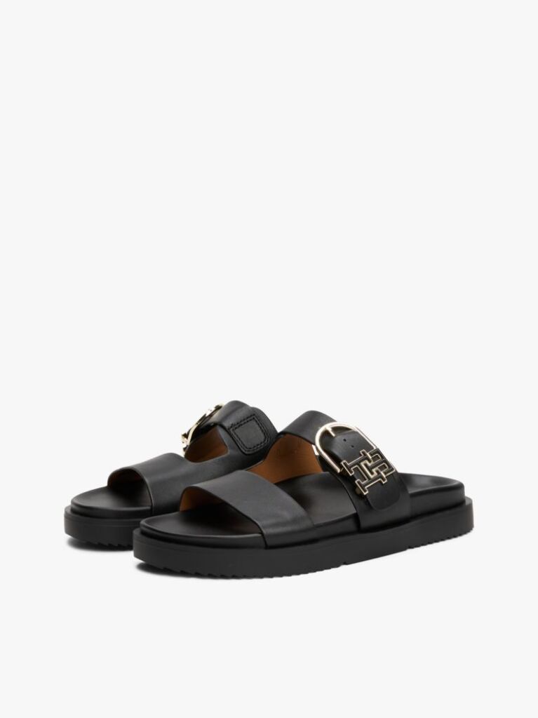 Negru Sandale Din Piele Si Monograma Th  Femei