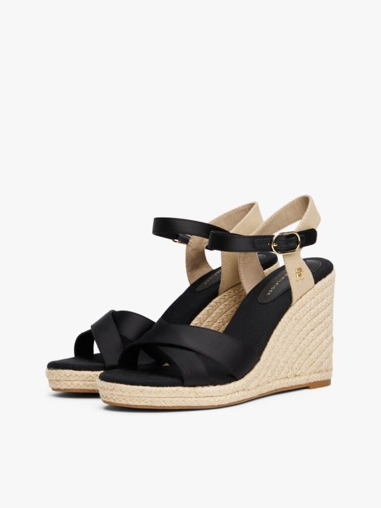 Negru Sandale Espadrile Cu Toc Wedge Si Bretele Din Satin  Femei