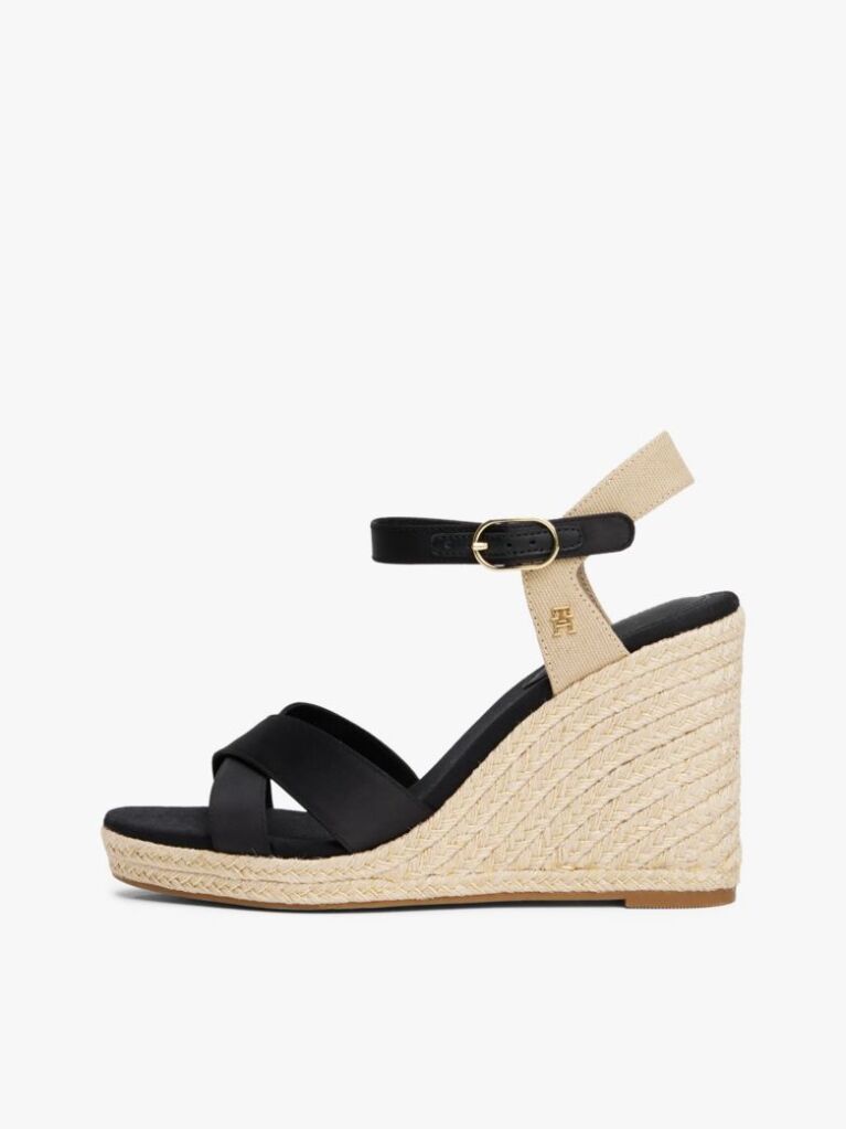 Negru Sandale Espadrile Cu Toc Wedge Si Bretele Din Satin  Femei