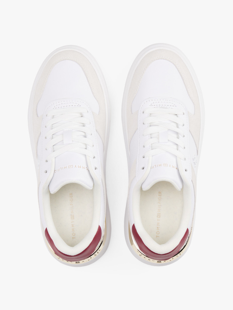 White Leather Mixed Texture Court Trainers  Women
