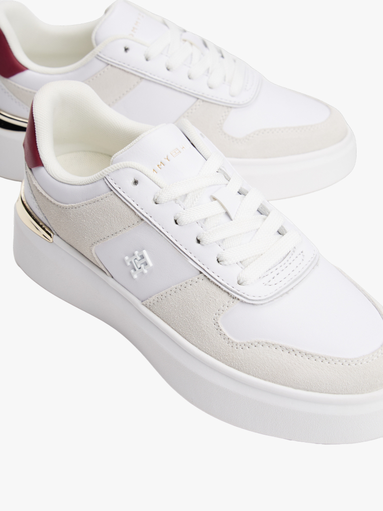 White Leather Mixed Texture Court Trainers  Women