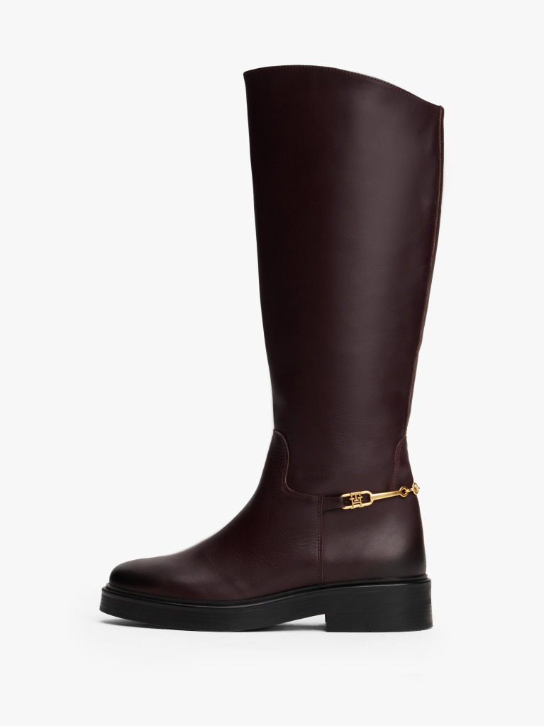 Brown Leather TH Monogram Horsebit Riding Boots  Women