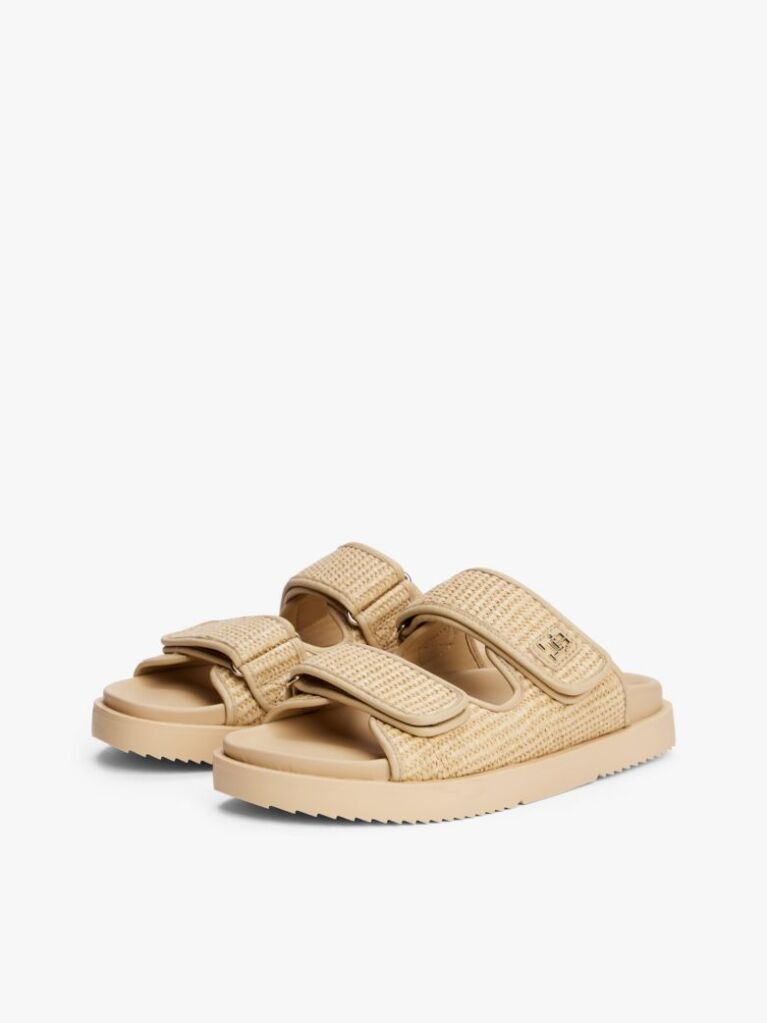 Beige TH Monogram Raffia Buckle Cleat Sandals  Women