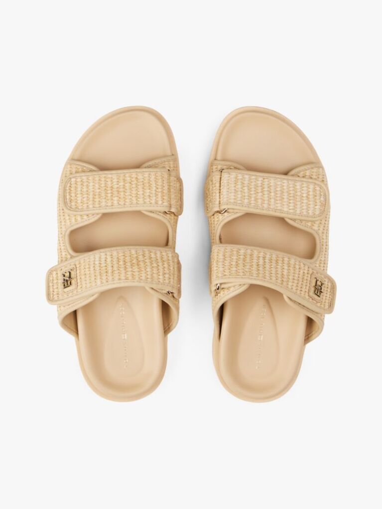 Beige TH Monogram Raffia Buckle Cleat Sandals  Women