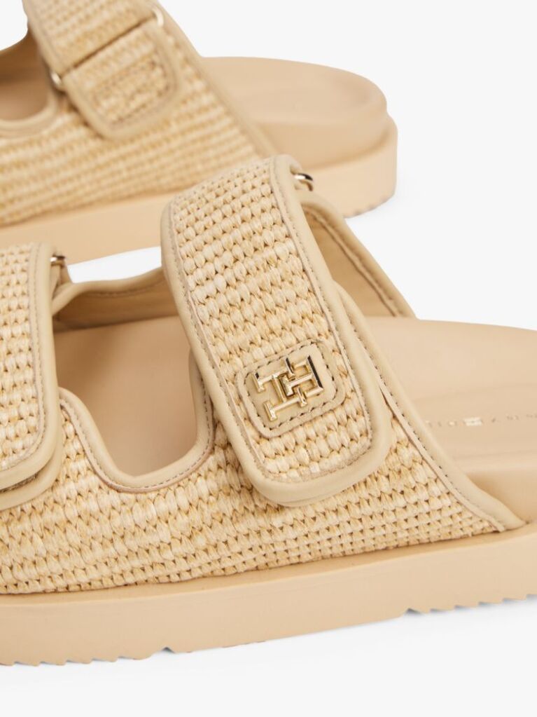 Beige TH Monogram Raffia Buckle Cleat Sandals  Women