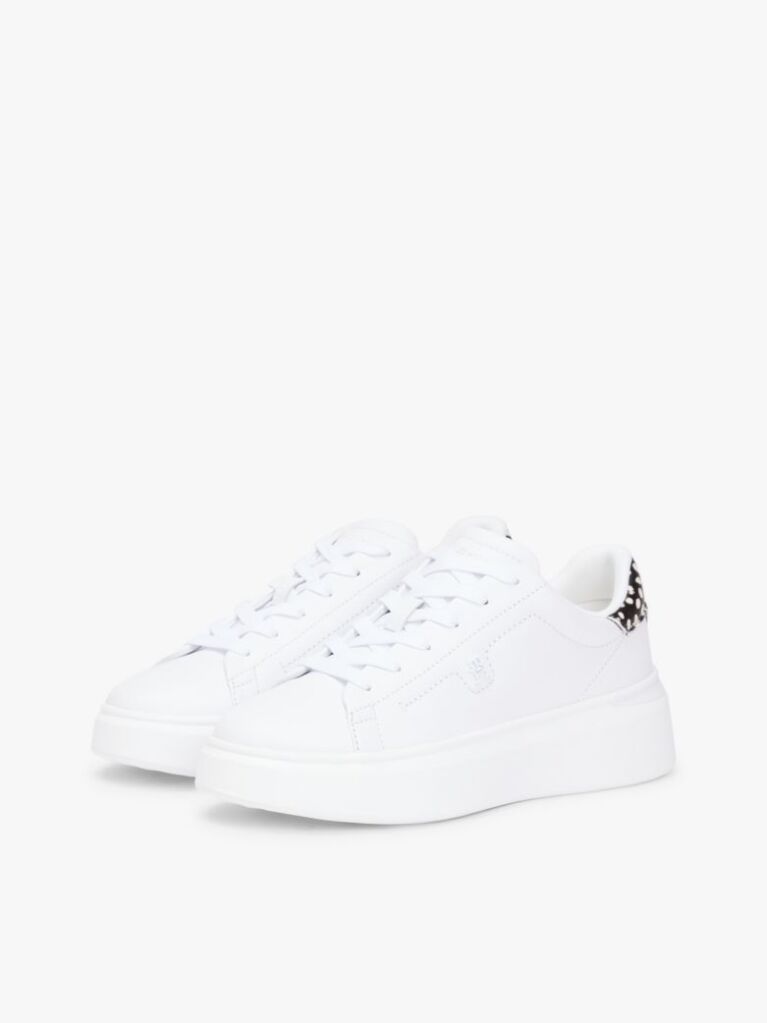 Alb Snow Leopard Heel Sneakers Cu Platforma Din Piele   Femei