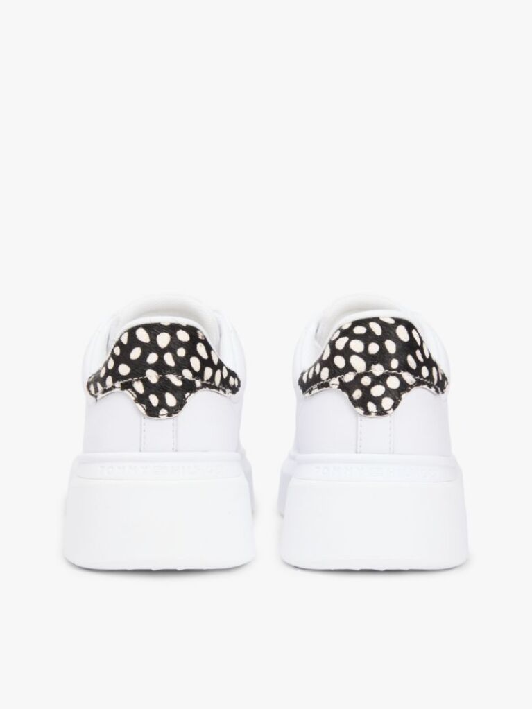 Alb Snow Leopard Heel Sneakers Cu Platforma Din Piele   Femei
