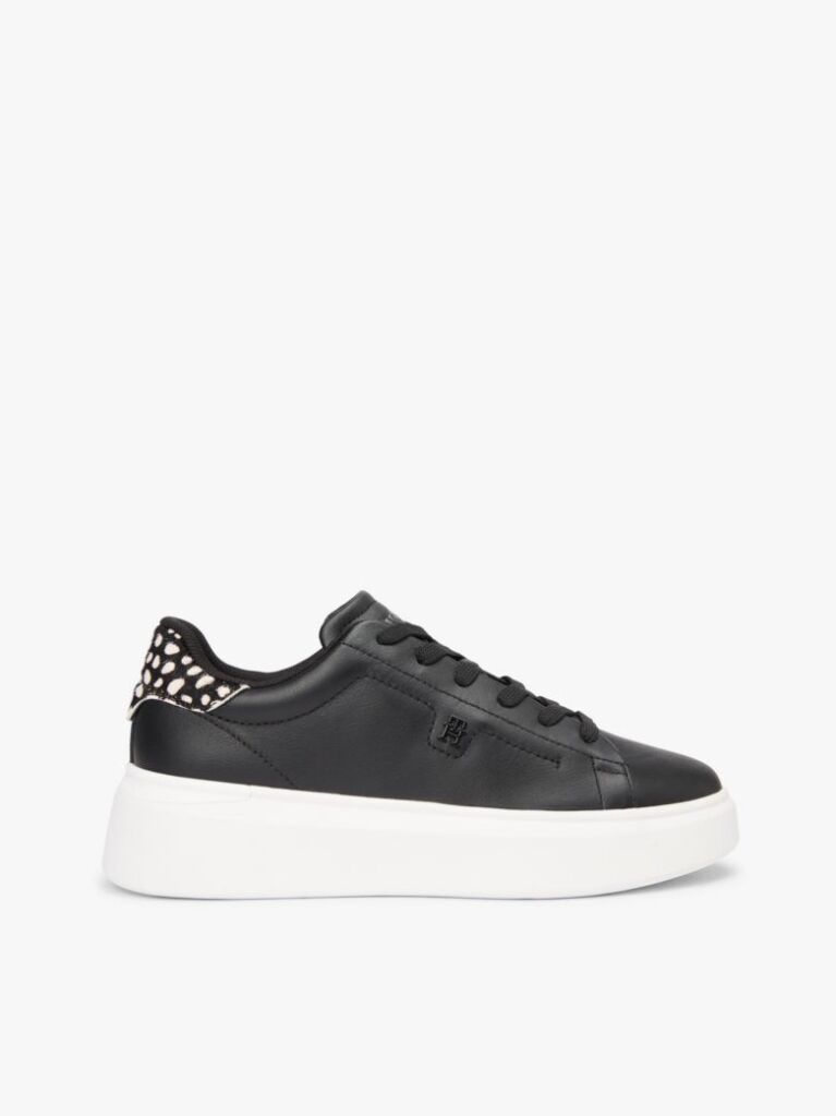 Negru Snow Leopard Heel Sneakers Cu Platforma Din Piele   Femei