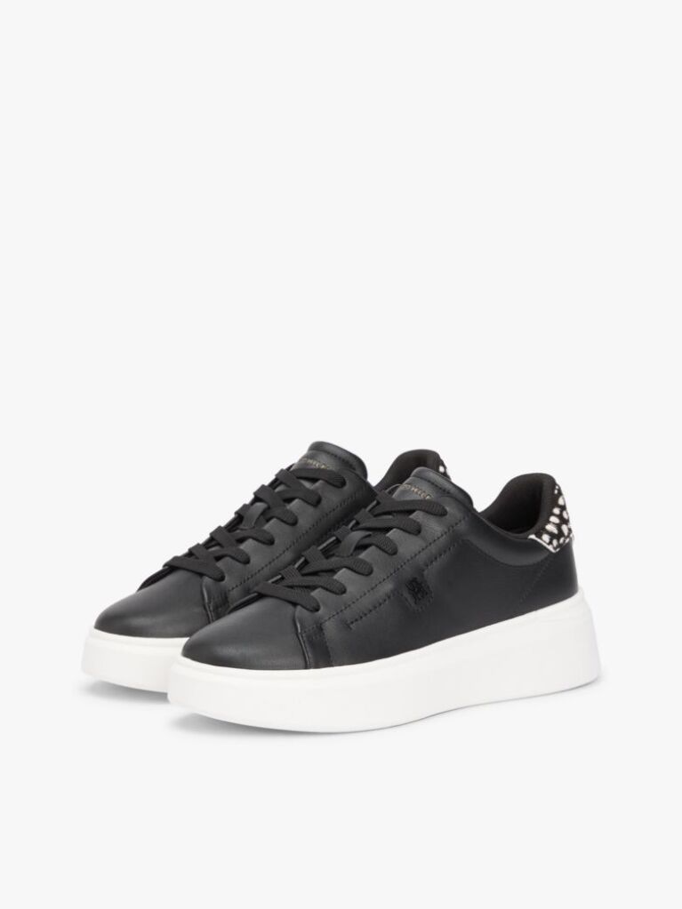 Negru Snow Leopard Heel Sneakers Cu Platforma Din Piele   Femei