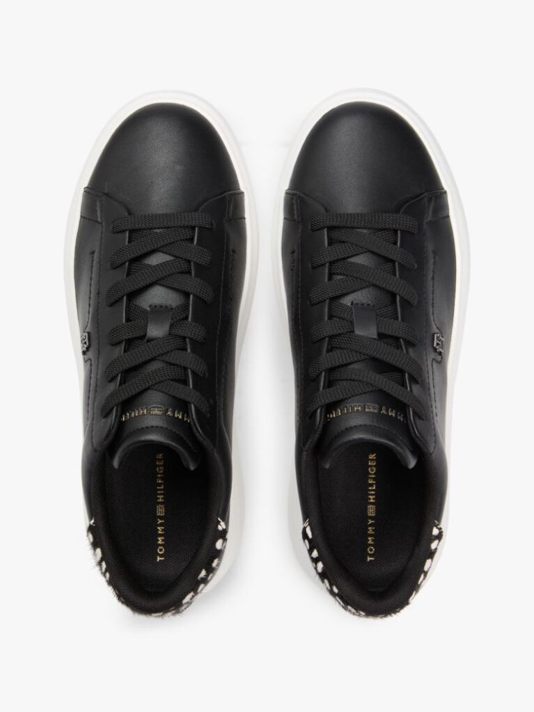 Negru Snow Leopard Heel Sneakers Cu Platforma Din Piele   Femei