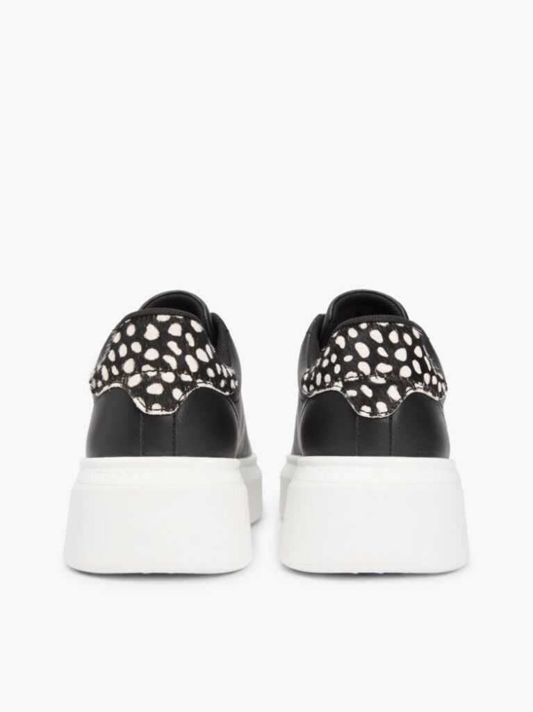 Negru Snow Leopard Heel Sneakers Cu Platforma Din Piele   Femei