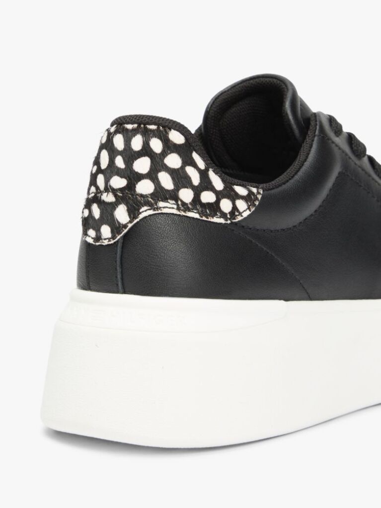 Negru Snow Leopard Heel Sneakers Cu Platforma Din Piele   Femei