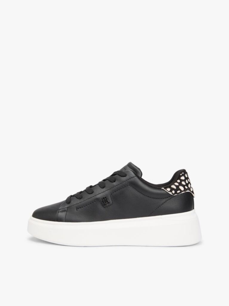 Negru Snow Leopard Heel Sneakers Cu Platforma Din Piele   Femei