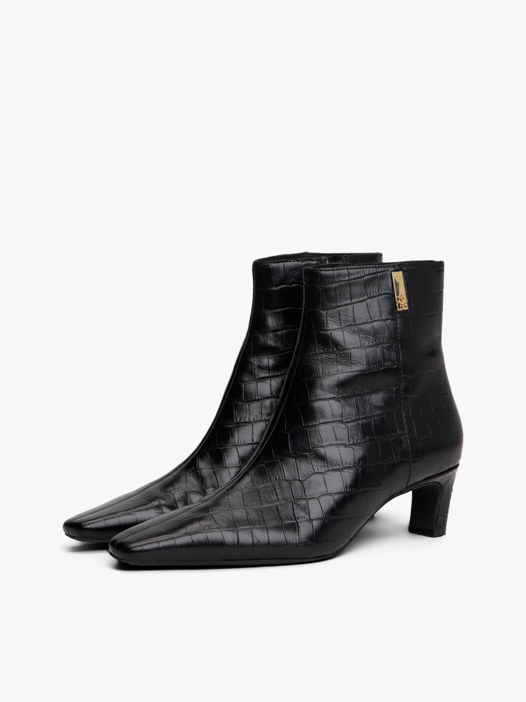 Black Croco-Print Kitten Heel Boots With Leather  Women