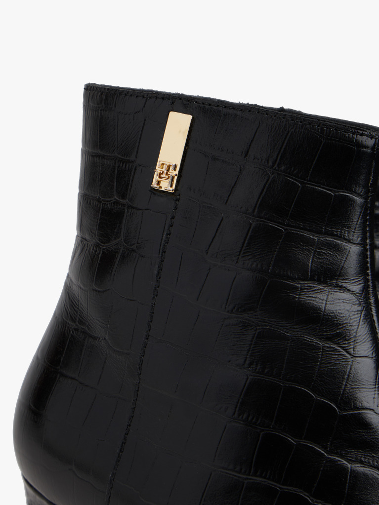 Black Croco-Print Kitten Heel Boots With Leather  Women