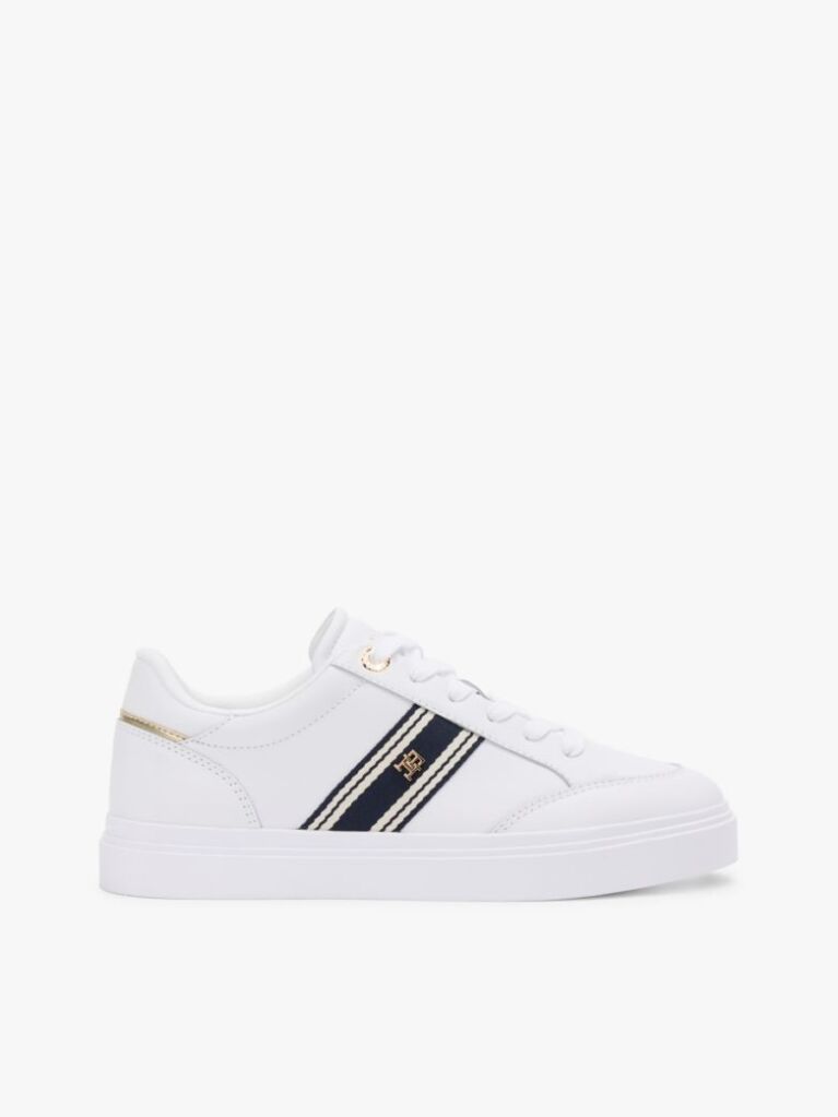 White Leather Webbing Strap Cupsole Trainers  Women