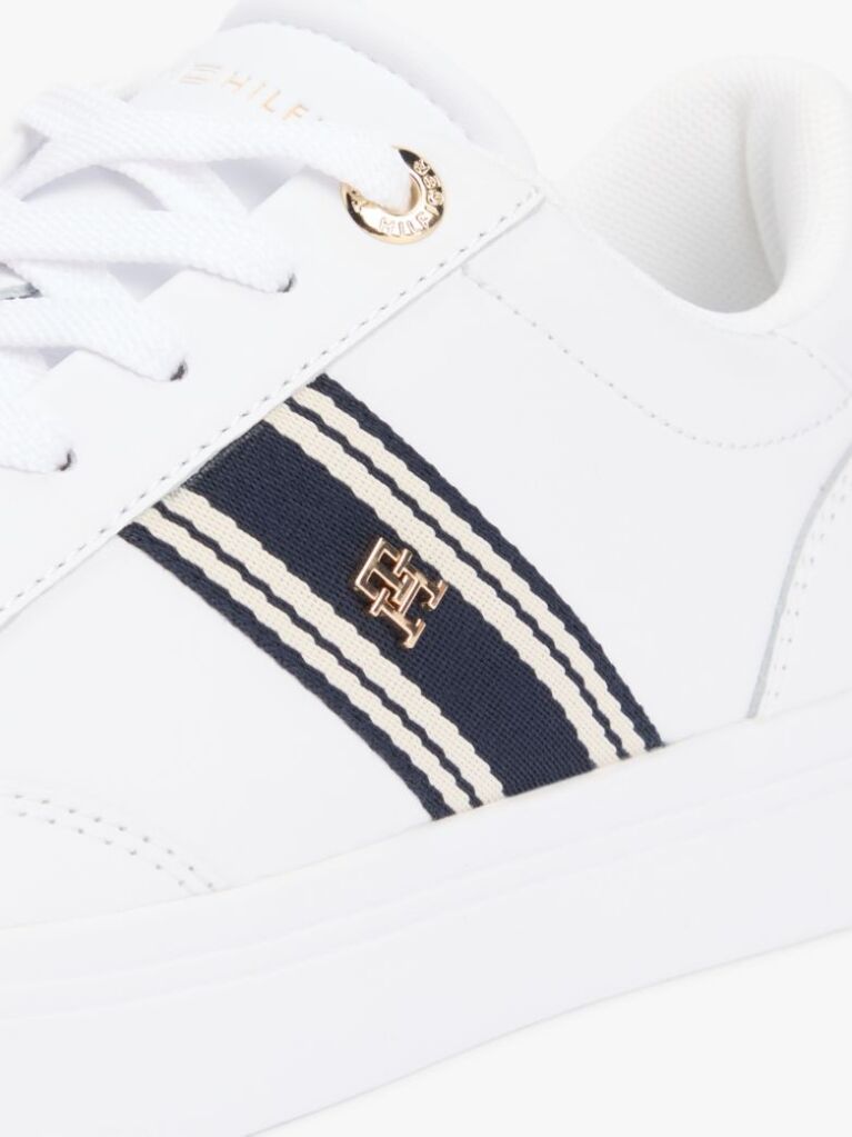 White Leather Webbing Strap Cupsole Trainers  Women