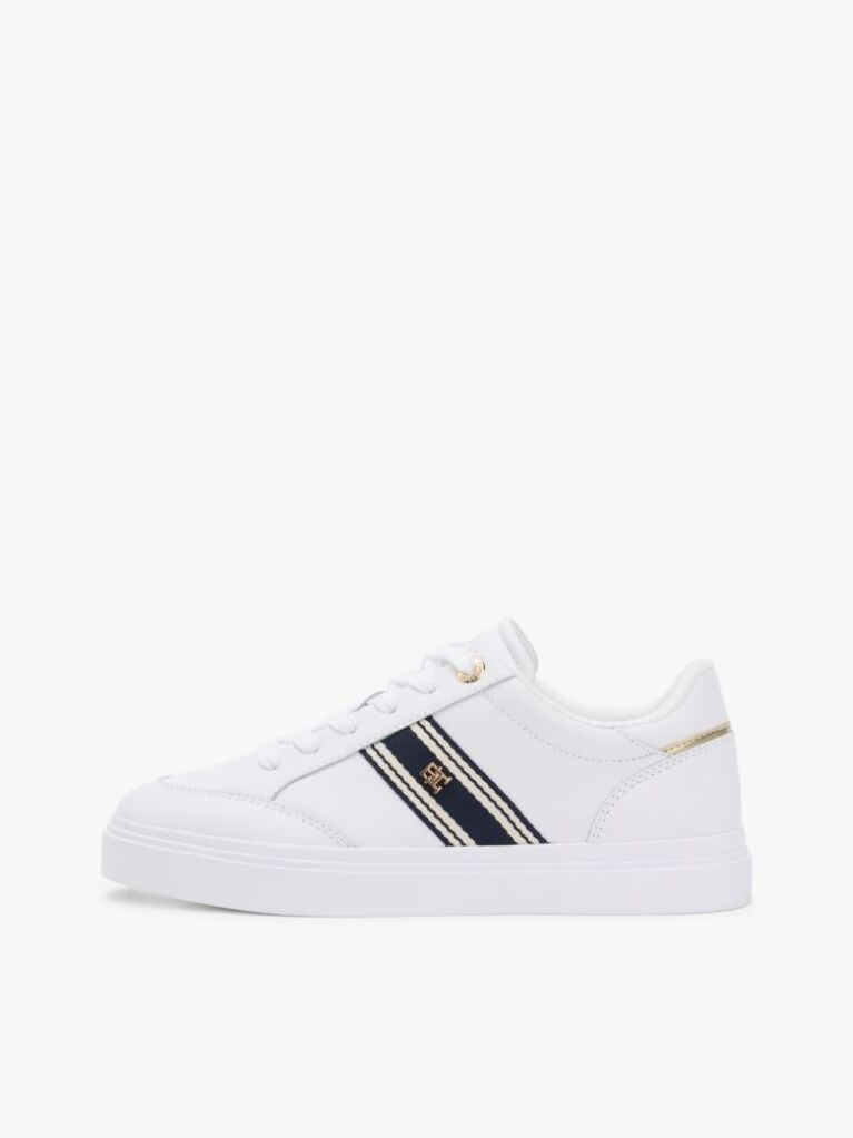 White Leather Webbing Strap Cupsole Trainers  Women
