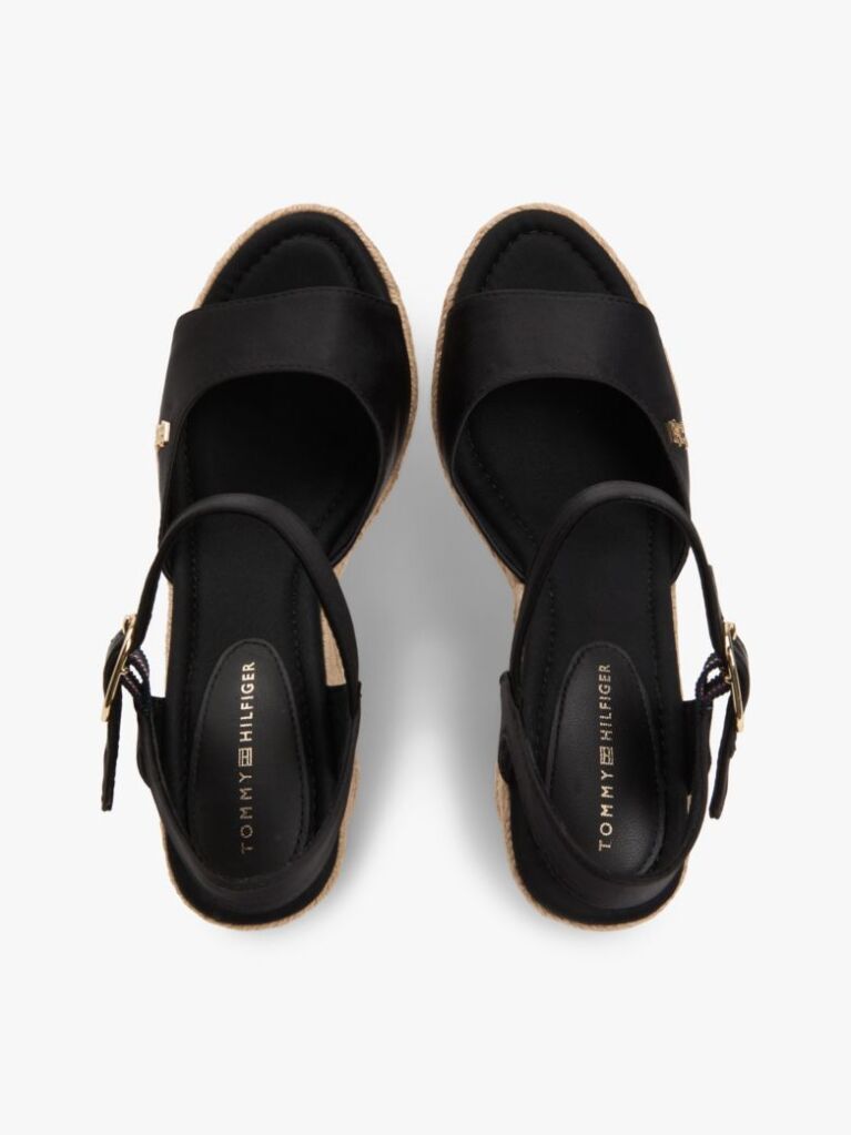 Negru Satin Espadrile Cu Talpa Inalta Si Monogram TH  Femei