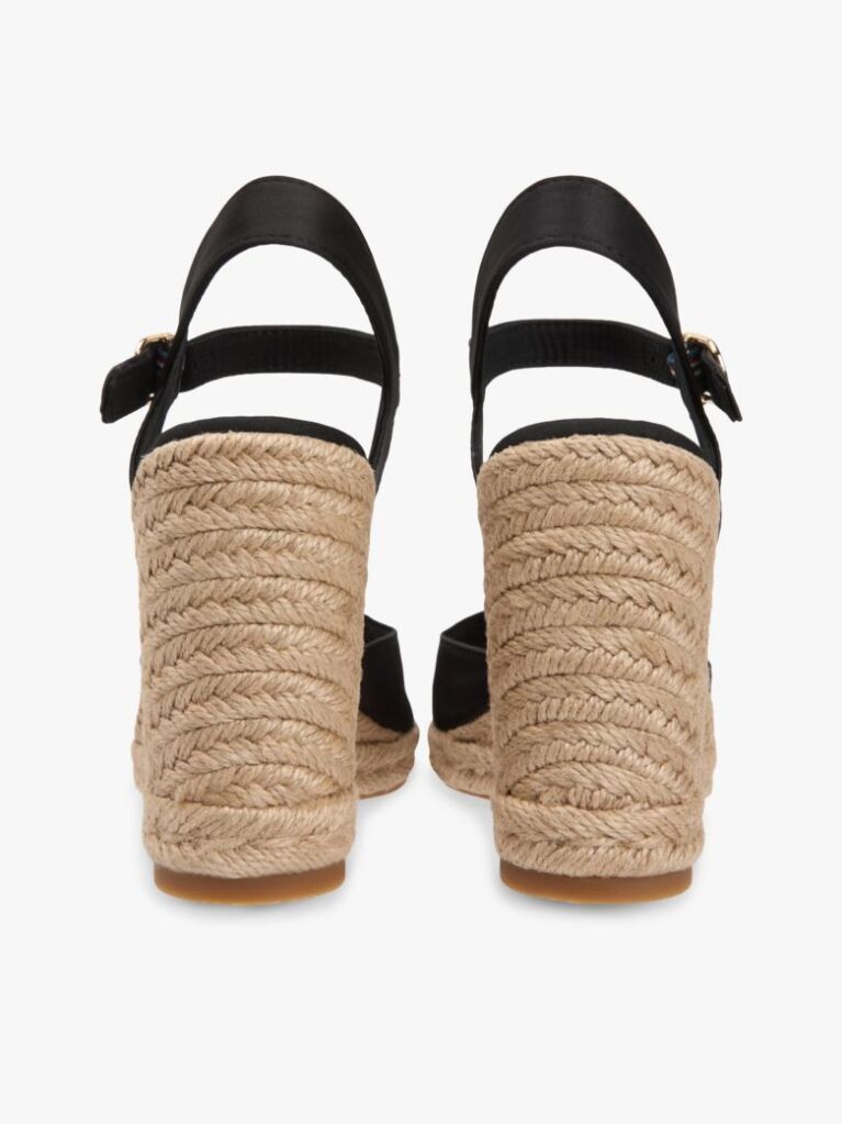 Negru Satin Espadrile Cu Talpa Inalta Si Monogram TH  Femei