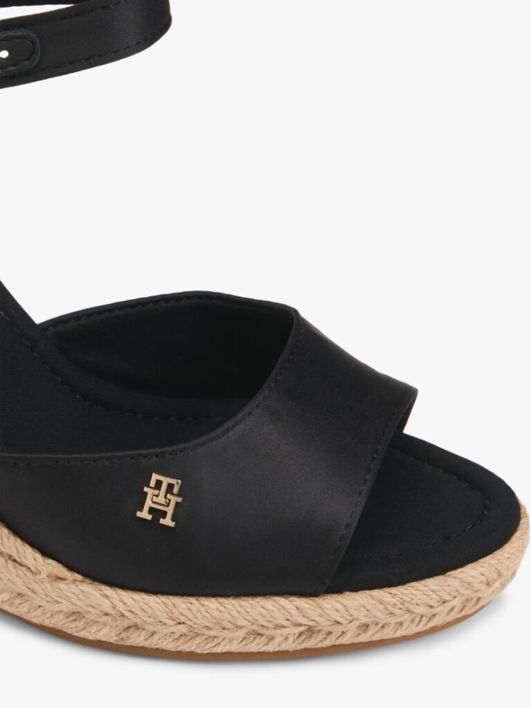 Negru Satin Espadrile Cu Talpa Inalta Si Monogram TH  Femei