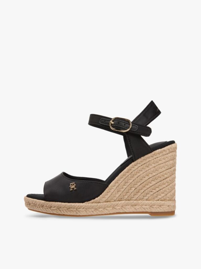Negru Satin Espadrile Cu Talpa Inalta Si Monogram TH  Femei