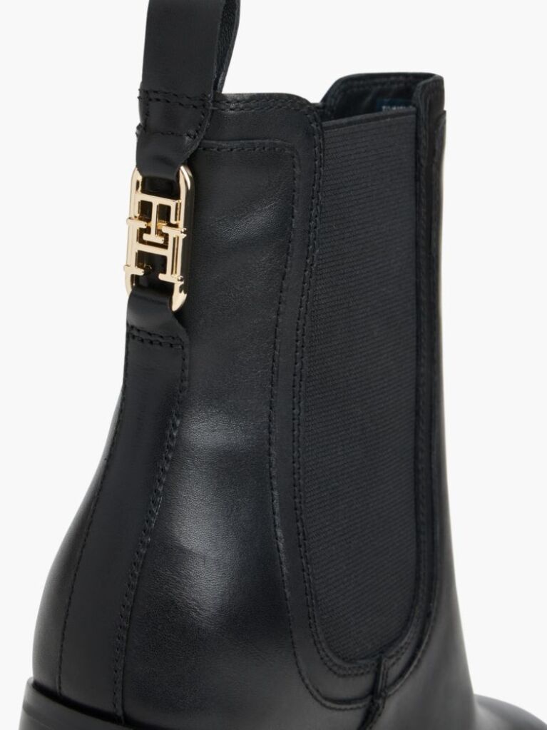 Black Leather Square Toe Block Heel Chelsea Boots  Women