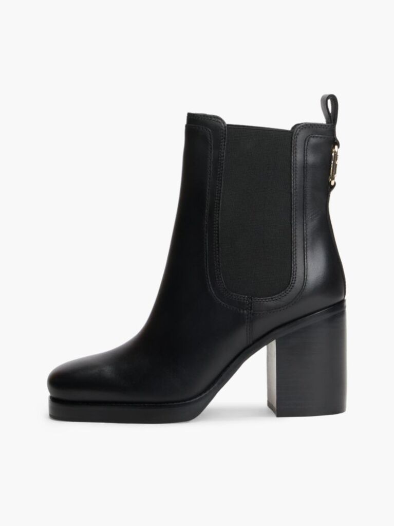Black Leather Square Toe Block Heel Chelsea Boots  Women