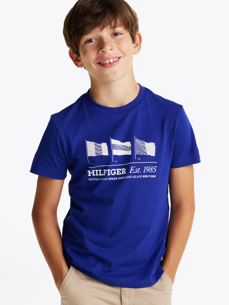 Blue Tricou Cu Guler Rotund Si Steag Grafic  Baieti