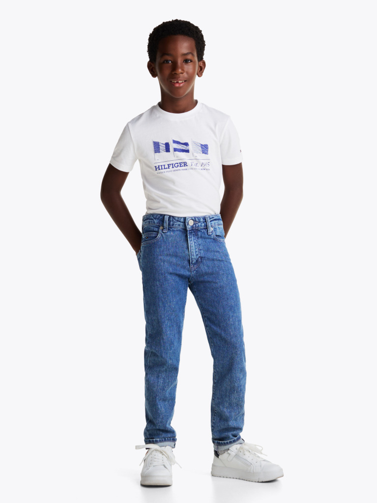 Alb Tricou Cu Guler Rotund Si Steag Grafic  Baieti