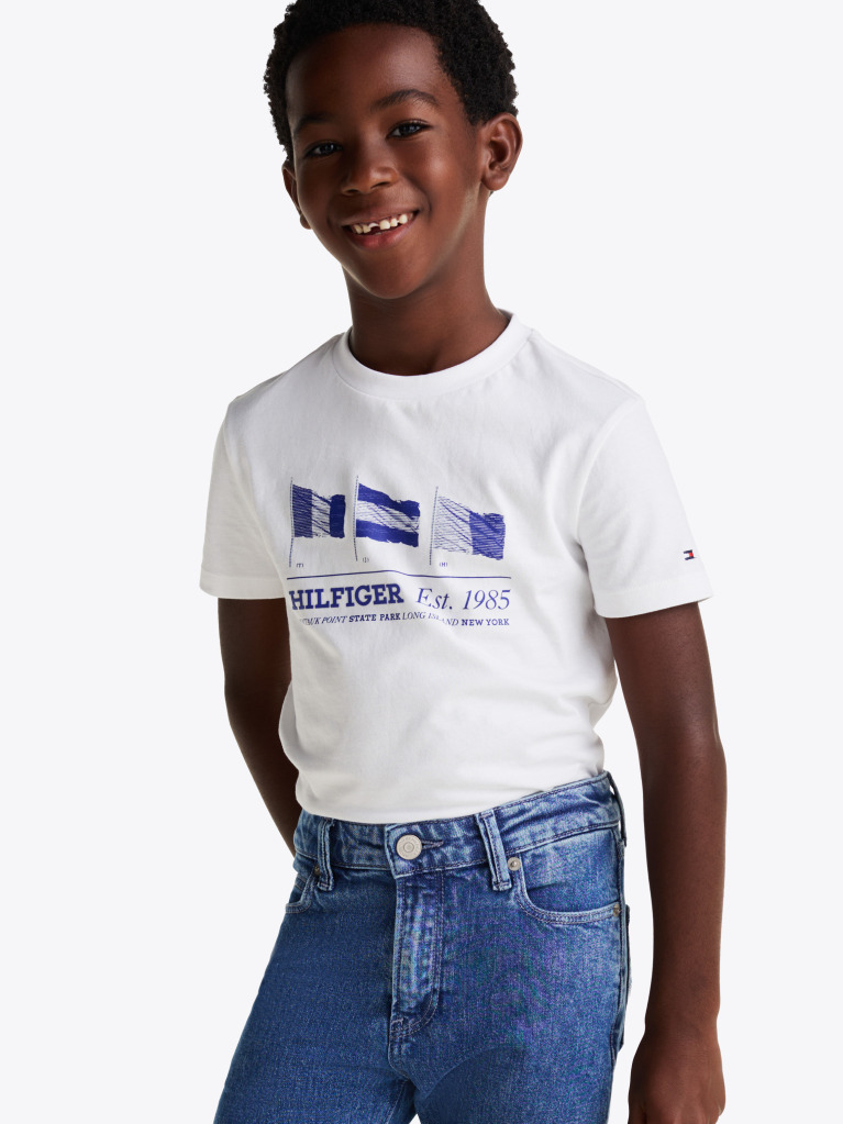 Alb Tricou Cu Guler Rotund Si Steag Grafic  Baieti
