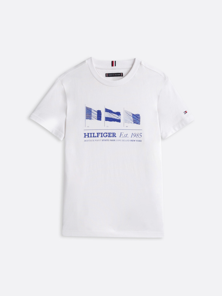 Alb Tricou Cu Guler Rotund Si Steag Grafic  Baieti