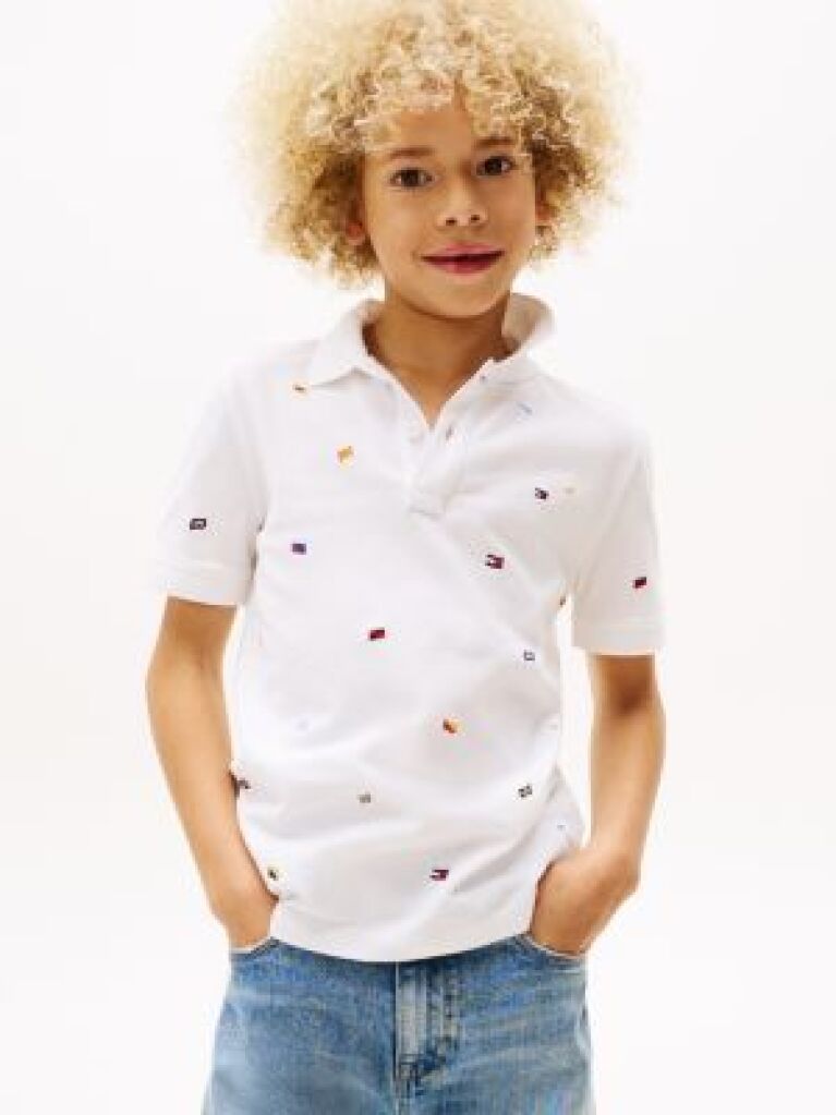 Alb Tricou Polo Cu Steagul Hilfiger  Baieti
