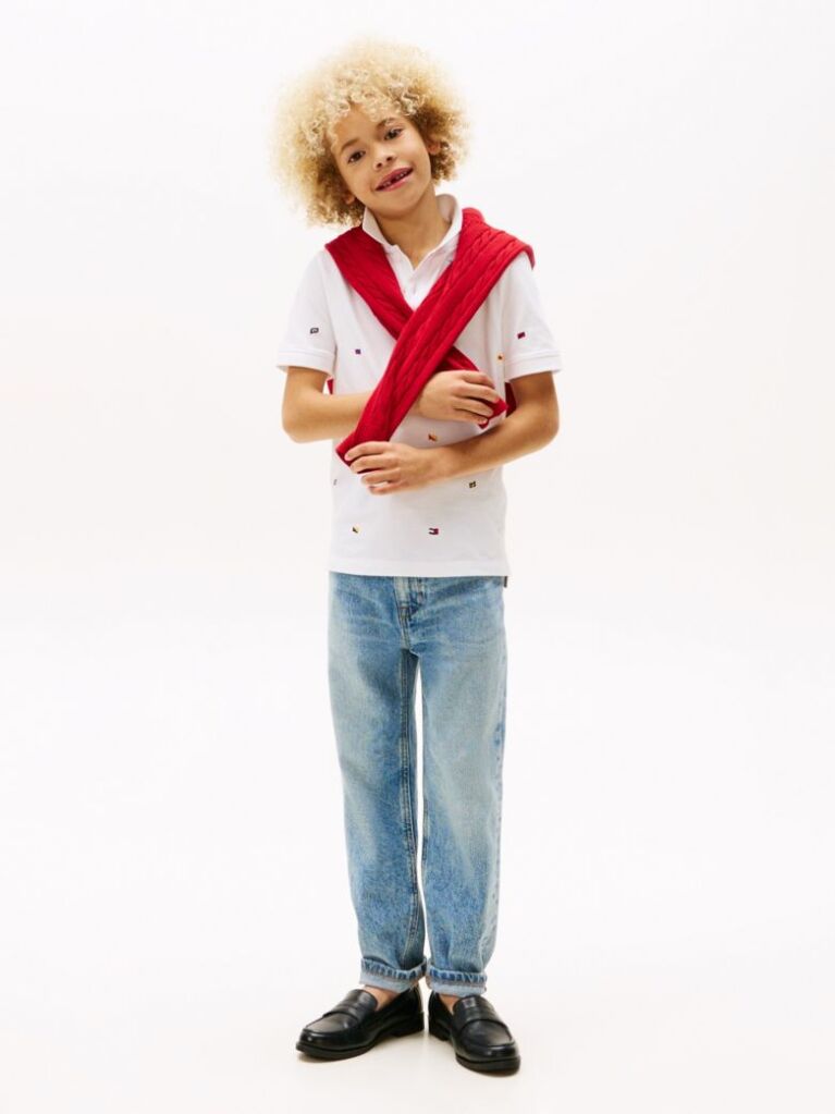 Alb Tricou Polo Cu Steagul Hilfiger  Baieti