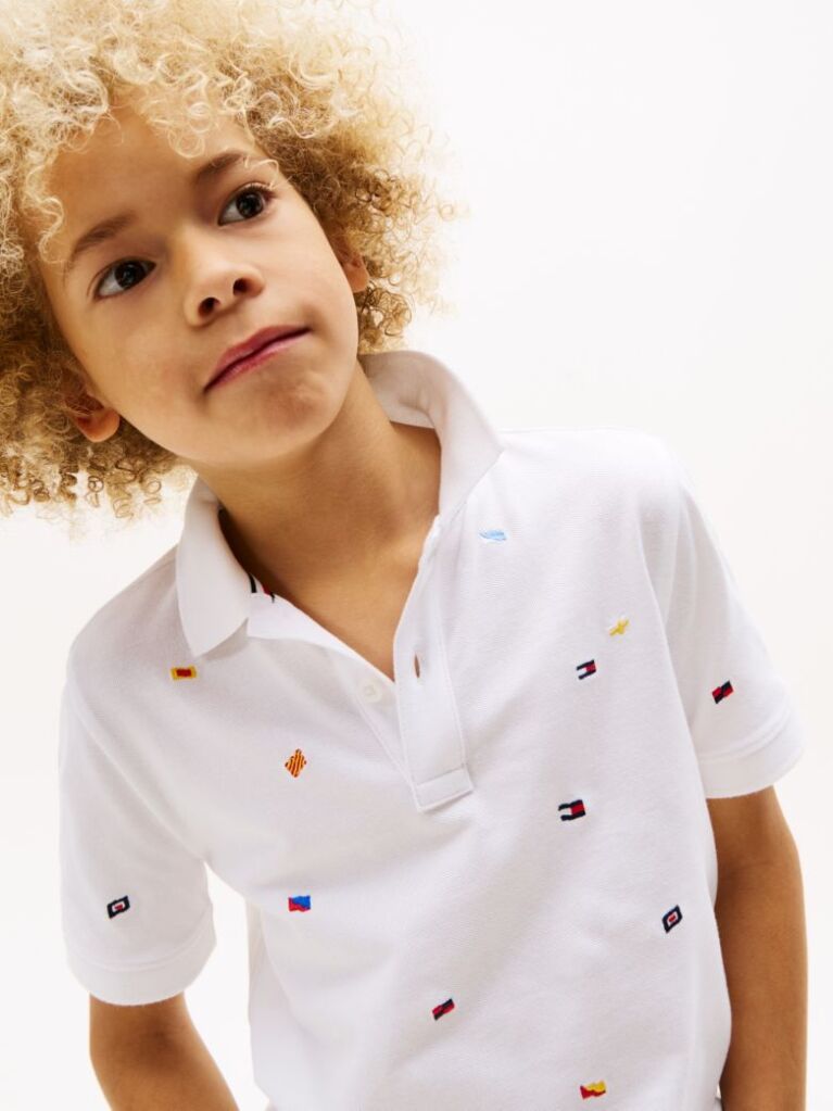 Alb Tricou Polo Cu Steagul Hilfiger  Baieti
