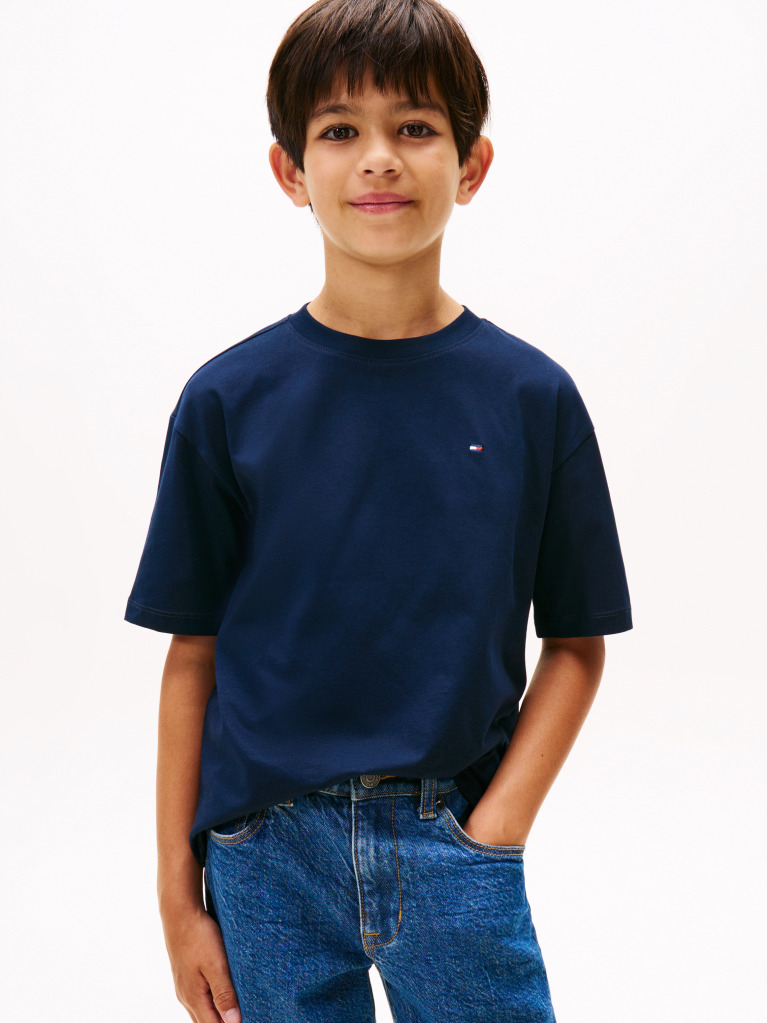 Blue Tricou Cu Guler Rotund Si Broderie Steag  Baieti